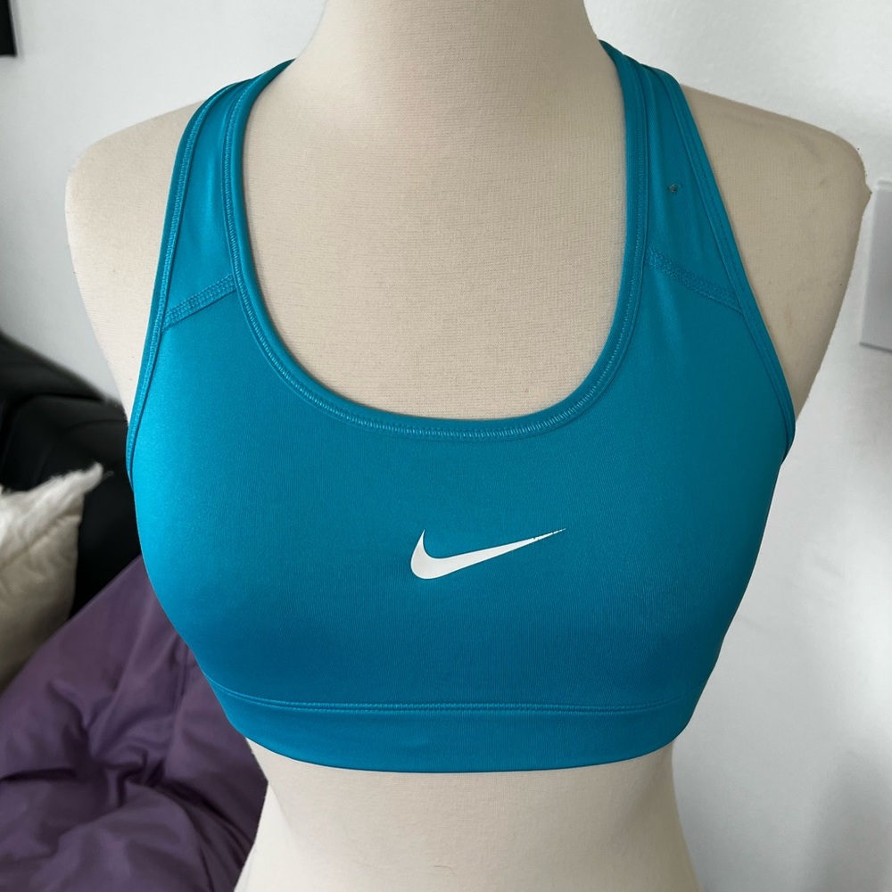 Nike Swoosh Aqua Blue Dri Fit Racerback Sports Bra